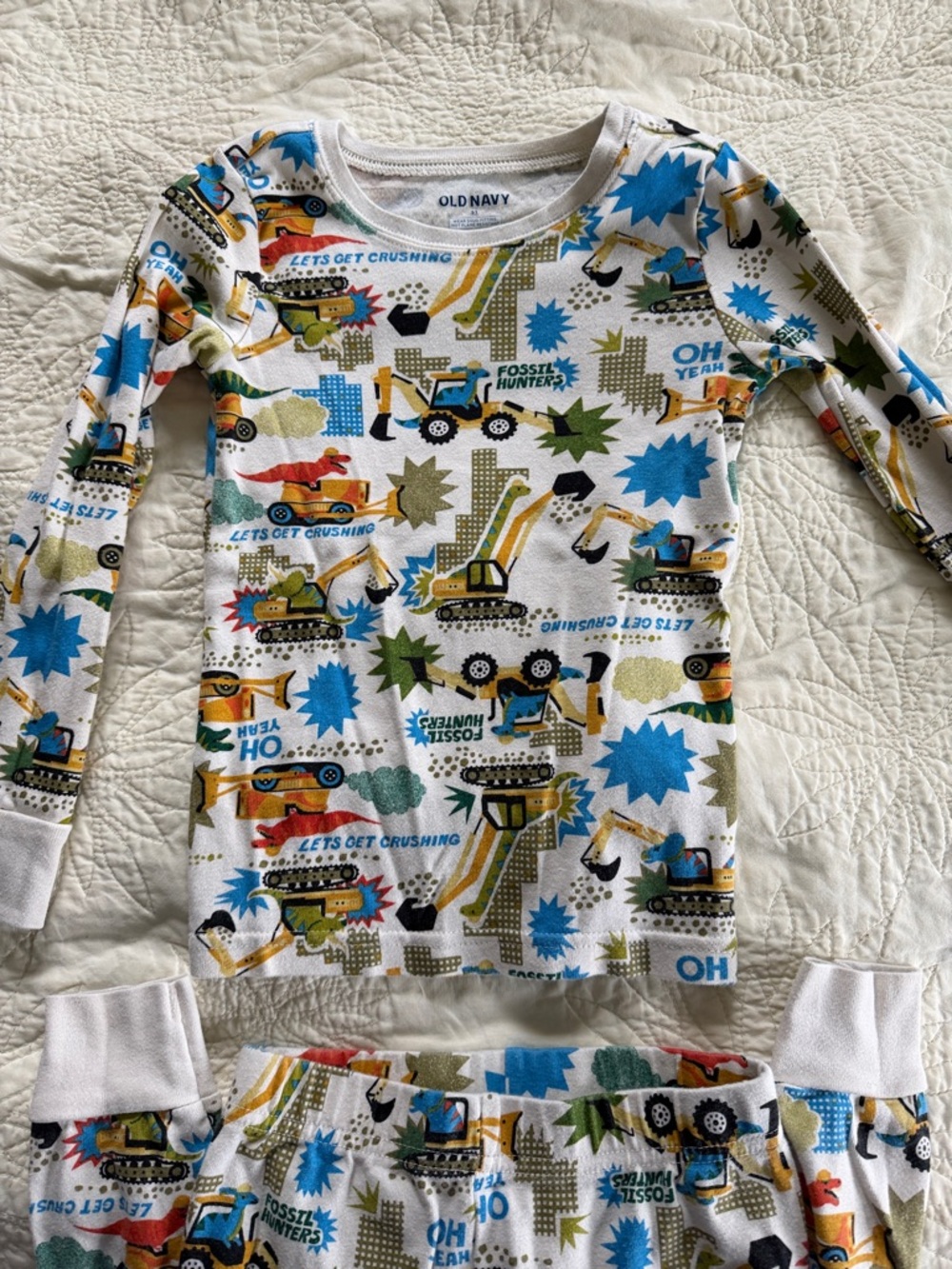 Old Navy White Kids Construction Vehicle Pajama Set with Blue and Green Accents